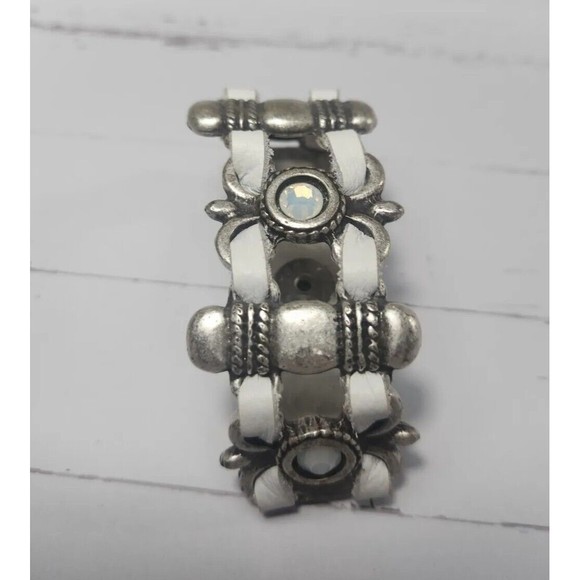 Leatherock White Multi Strand Leather Snap Bracelet Rhinestone Cuff 7.5"L x 1" W - Picture 10 of 11